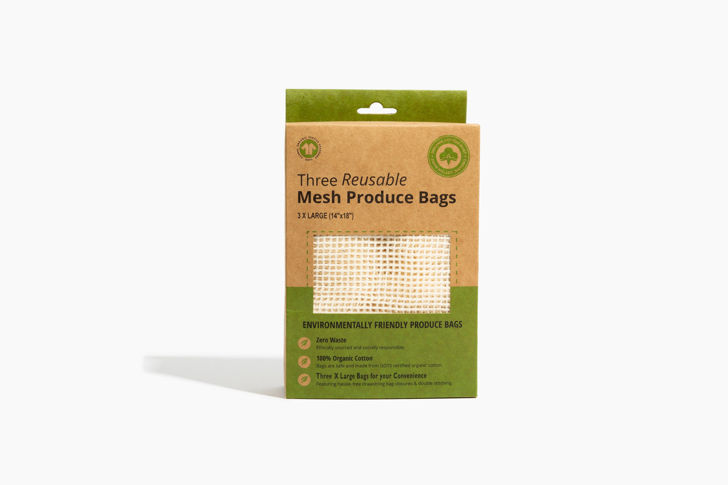 three reusable mesh produce bags