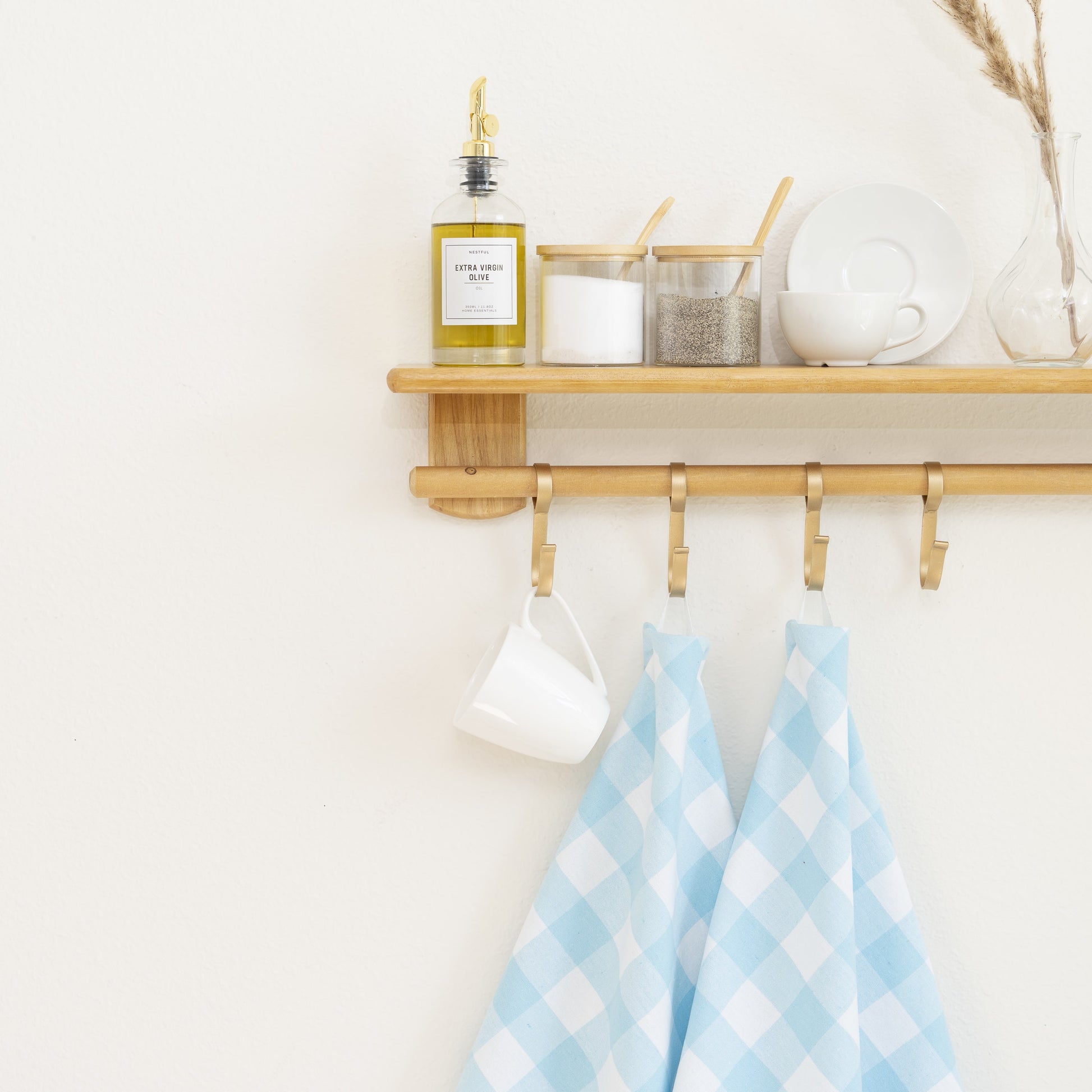 aqua plaid kitchen towel with hanging loop