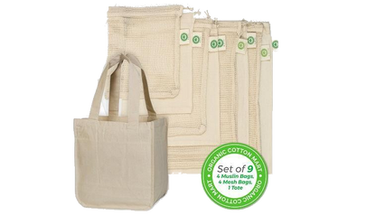 set of muslin, mesh and tote bag