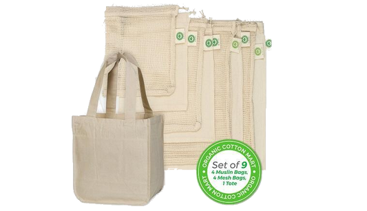 set of muslin, mesh and tote bag